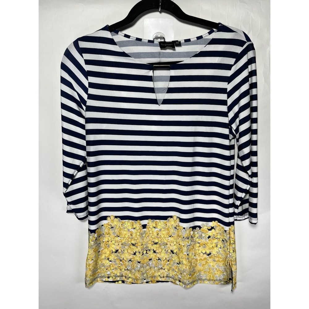 La Vanya Navy White Stripe Tunic Top With Floral Detail Sz PM Nautical Preppy